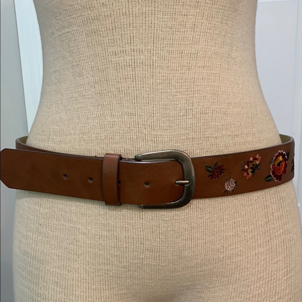 XL brown floral embroidered boho festival belt with silver buckle